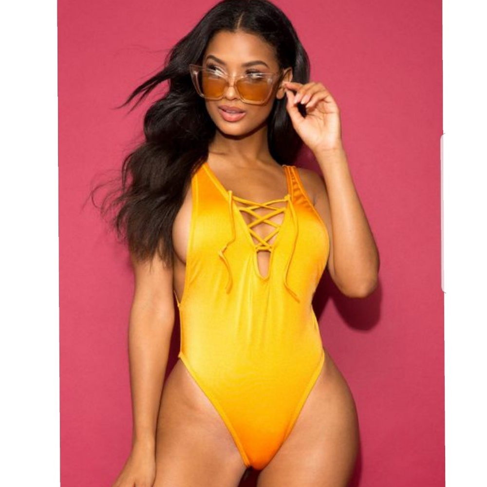 REDUCED! Mustard Yellow Lace Up One Piece Swimsuit